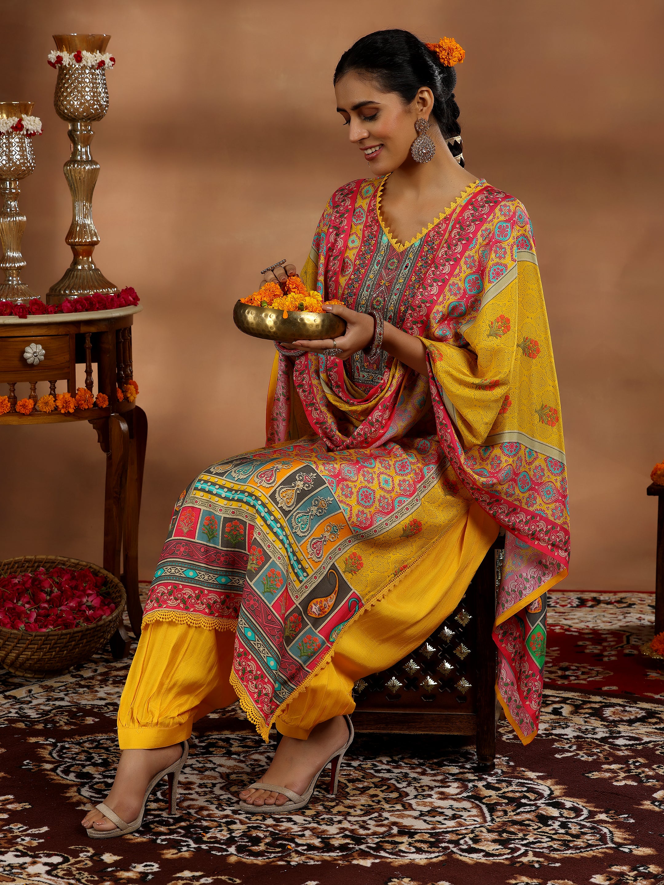 Yellow Printed Silk Blend Straight Suit Set With Dupatta