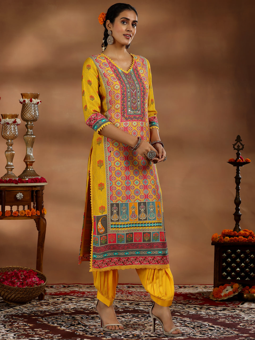 Yellow Printed Silk Blend Straight Suit With Dupatta