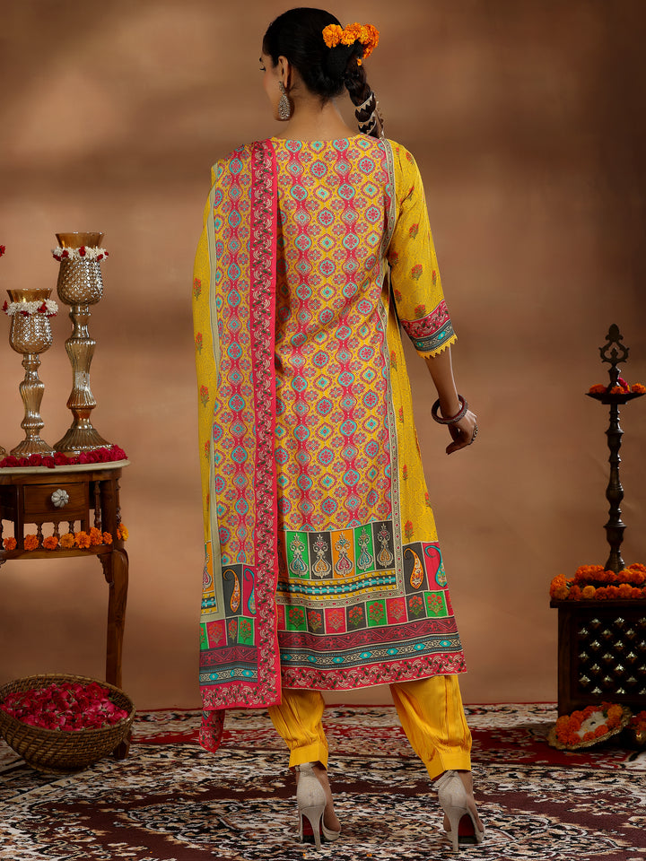 Yellow Printed Silk Blend Straight Suit With Dupatta