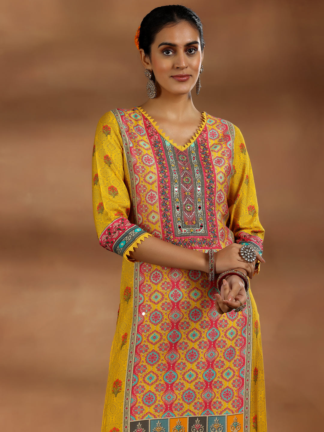 Yellow Printed Silk Blend Straight Suit With Dupatta