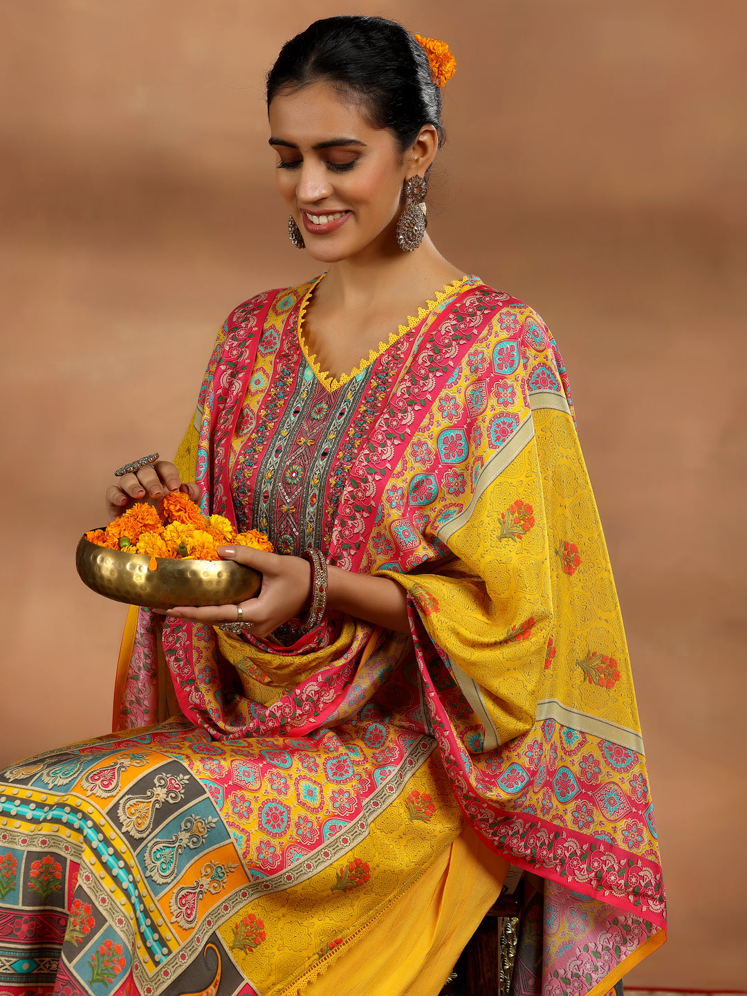 Yellow Printed Silk Blend Straight Suit With Dupatta