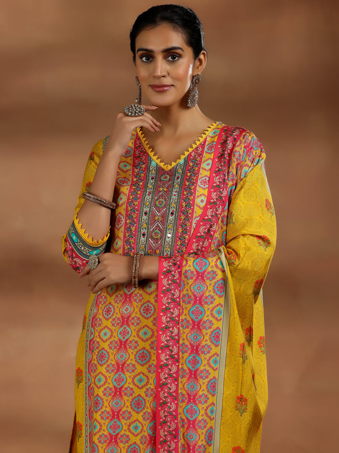 Yellow Printed Silk Blend Straight Suit With Dupatta