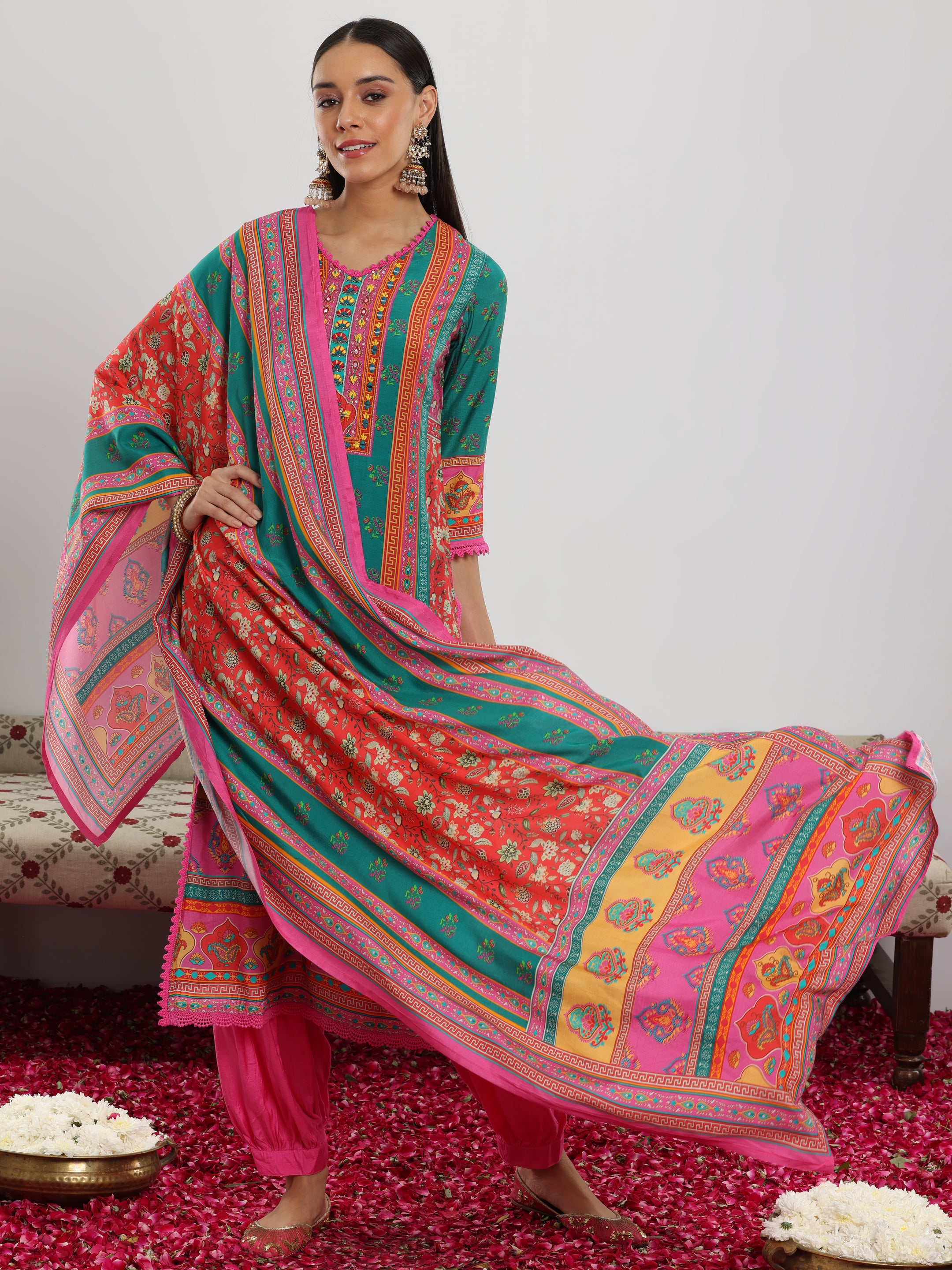 White Woven Silk Blend Straight Suit Set With Dupatta