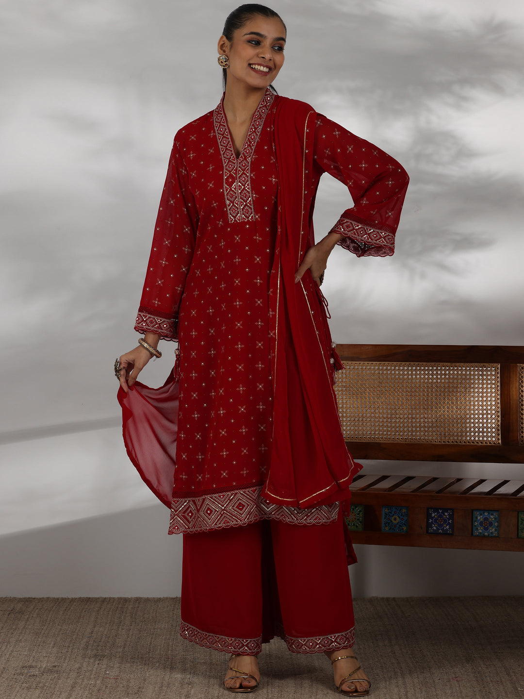 Red Printed Georgette Straight Suit With Dupatta