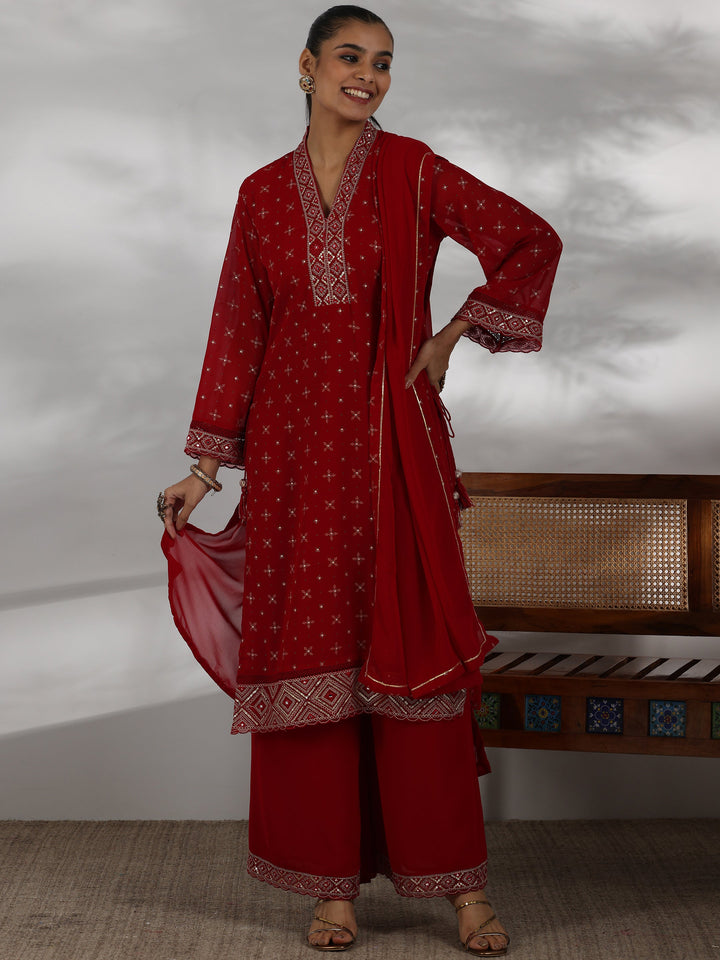 Red Printed Georgette Straight Suit With Dupatta