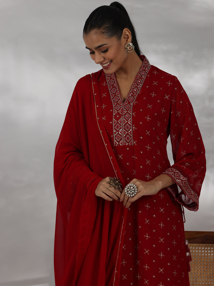 Red Printed Georgette Straight Suit With Dupatta