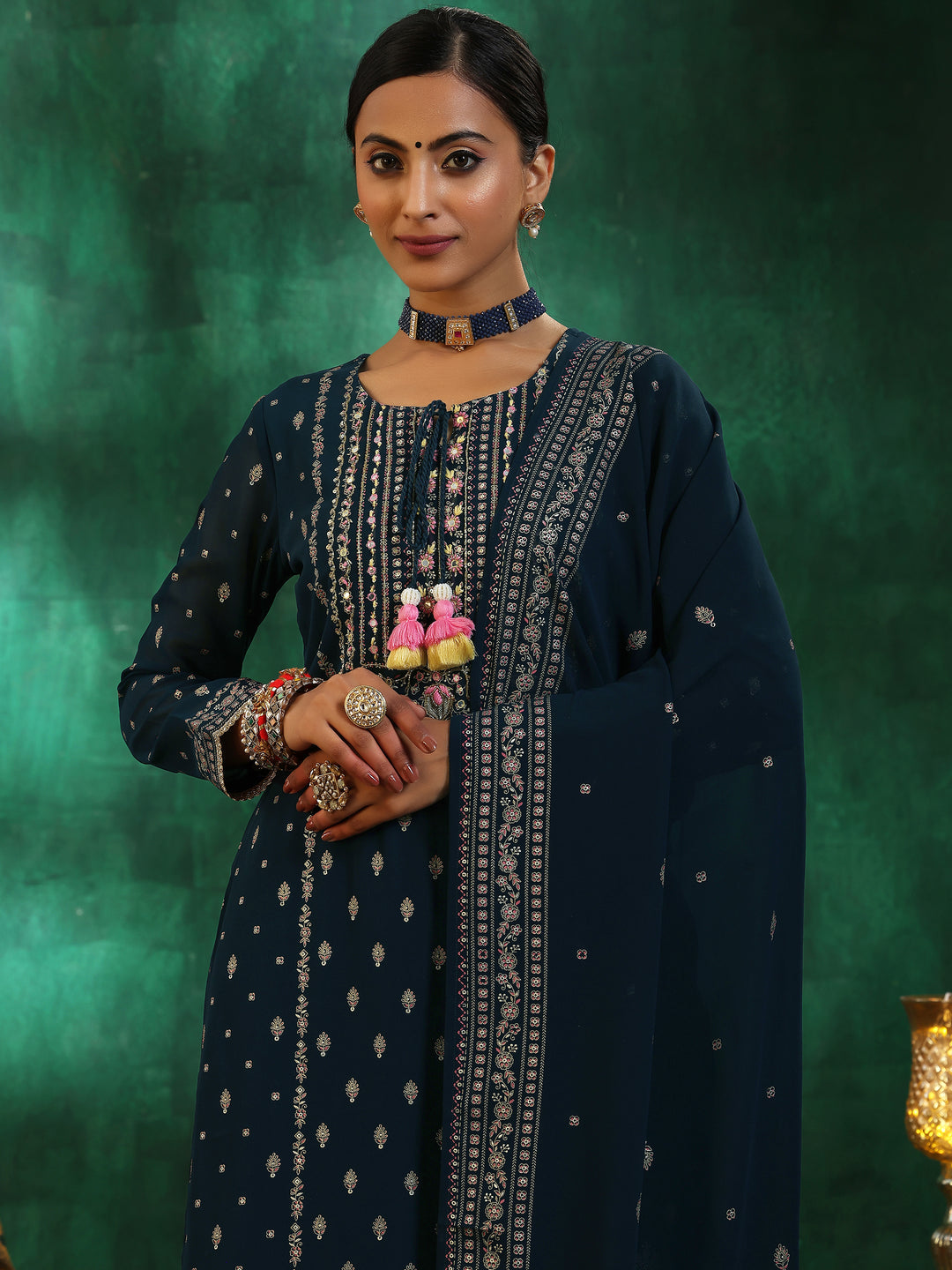 Blue Printed Georgette Straight Suit With Dupatta