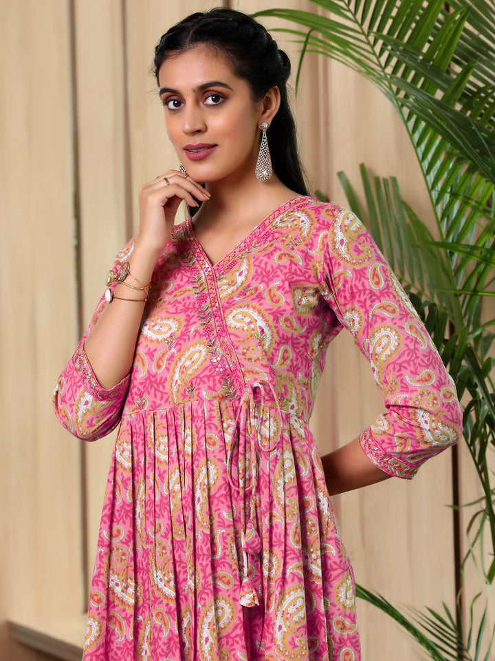 Pink Printed Cotton Anarkali Suit With Dupatta