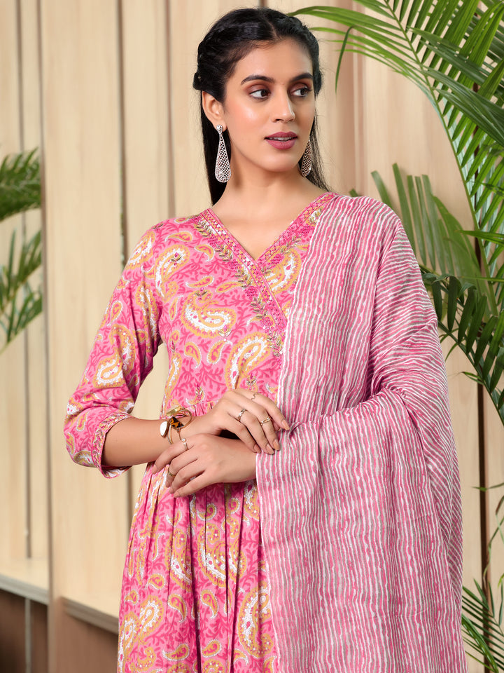Pink Printed Cotton Anarkali Suit With Dupatta