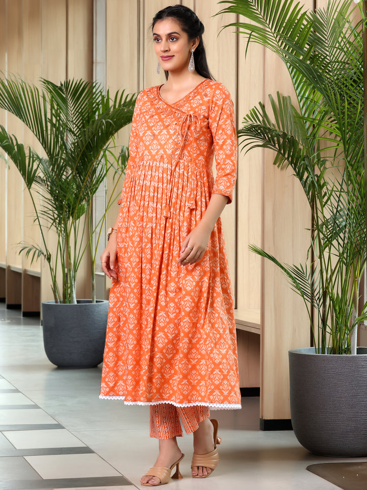 Orange Printed Cotton Anarkali Suit With Dupatta