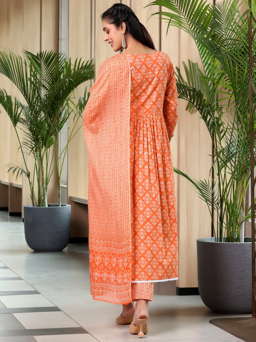 Orange Printed Cotton Anarkali Suit With Dupatta