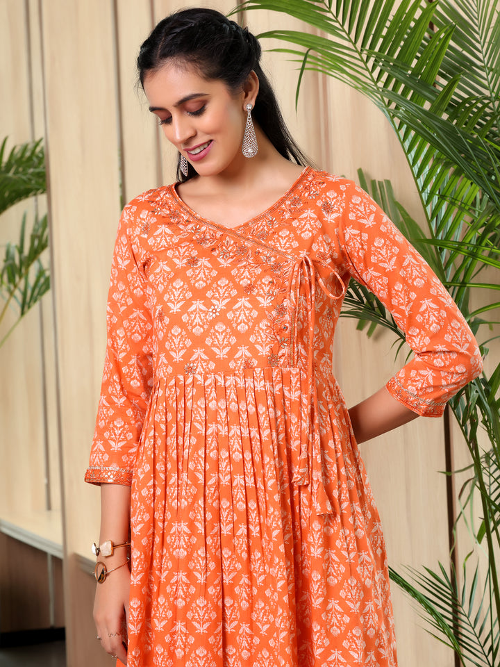 Orange Printed Cotton Anarkali Suit With Dupatta