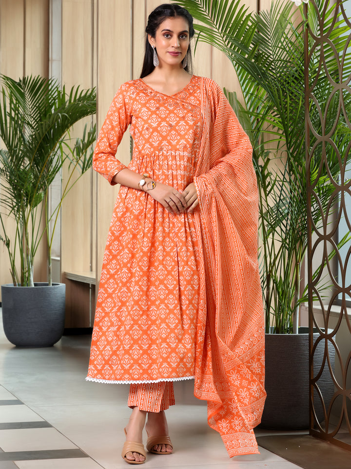 Orange Printed Cotton Anarkali Suit With Dupatta
