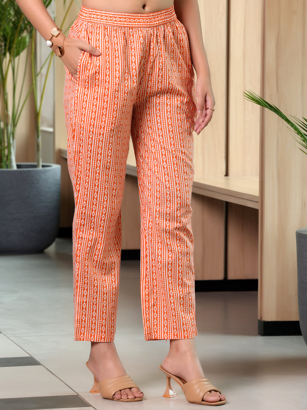 Orange Printed Cotton Anarkali Suit With Dupatta