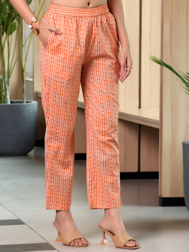 Orange Printed Cotton Anarkali Suit With Dupatta