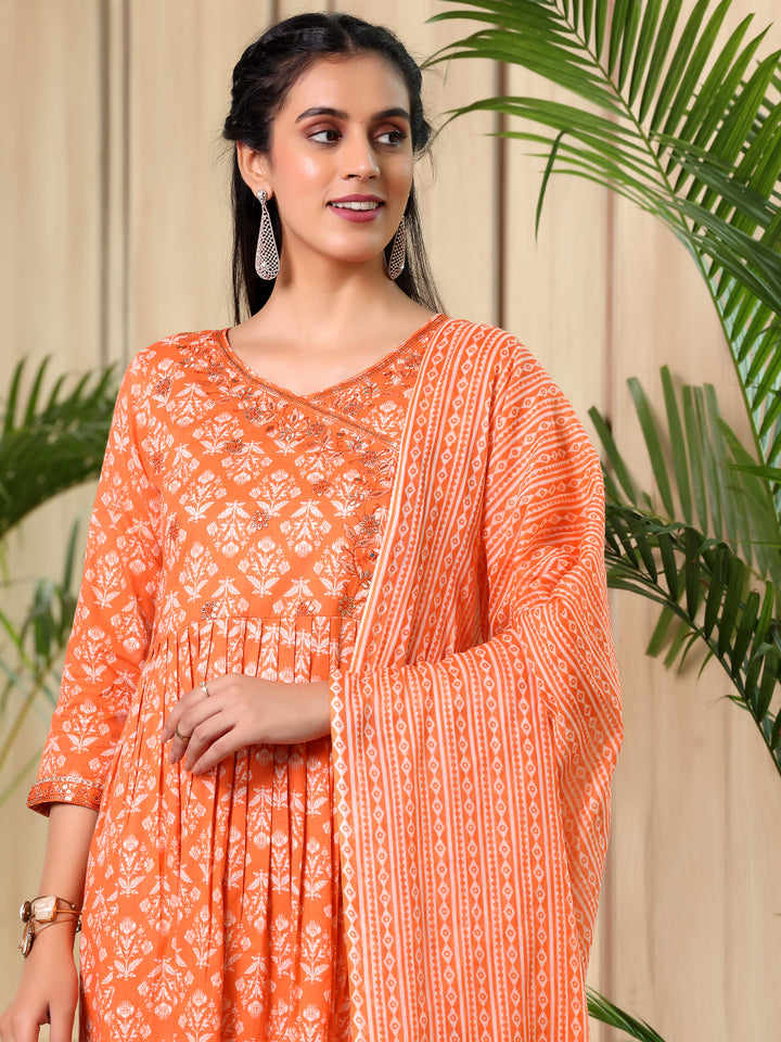 Orange Printed Cotton Anarkali Suit With Dupatta