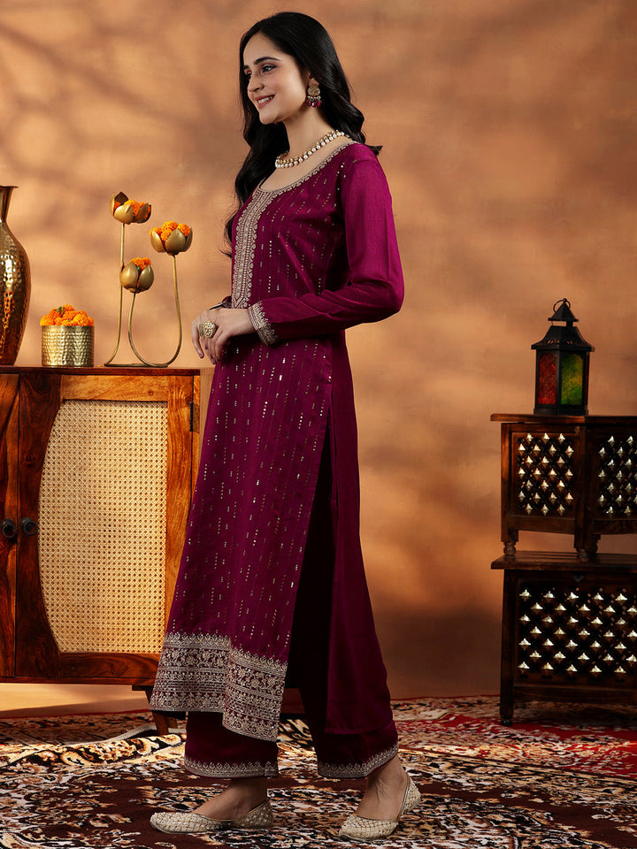 Maroon Embroidered Silk Blend Straight Suit With Dupatta