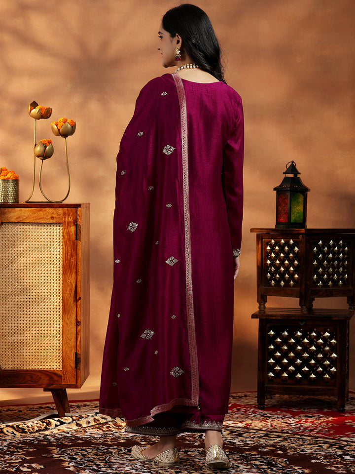 Maroon Embroidered Silk Blend Straight Suit With Dupatta