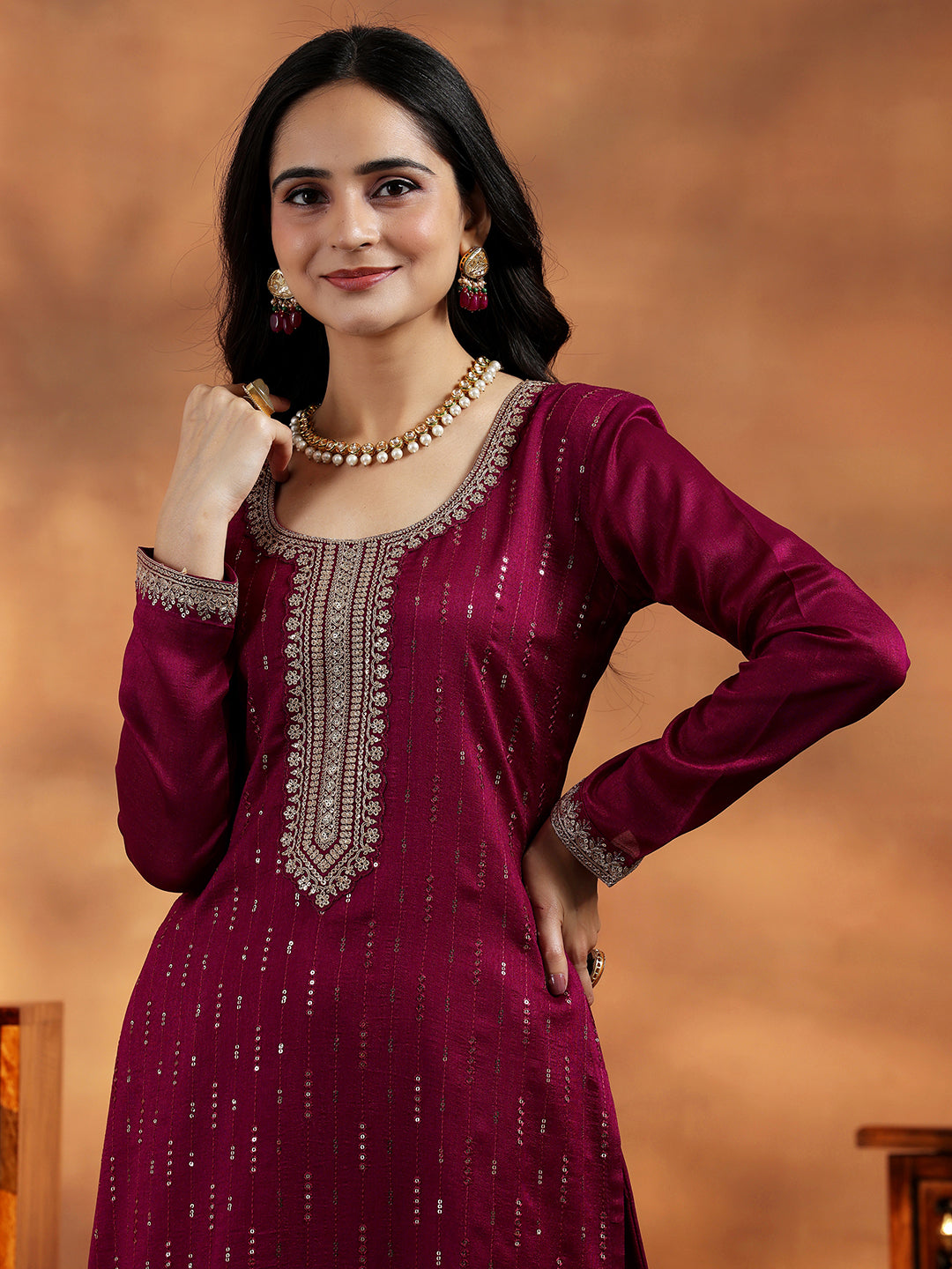 Maroon Embroidered Silk Blend Straight Suit With Dupatta