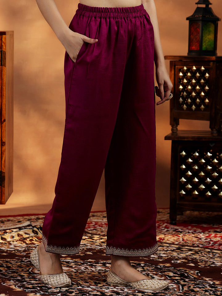 Maroon Embroidered Silk Blend Straight Suit With Dupatta