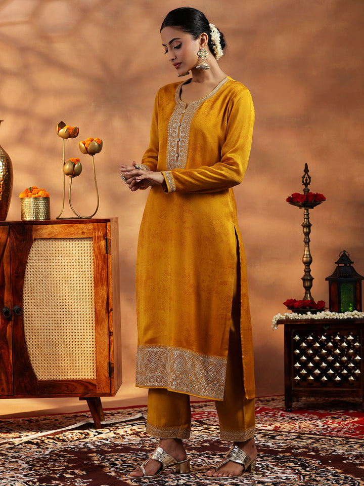 Mustard Embroidered Silk Blend Straight Suit With Dupatta