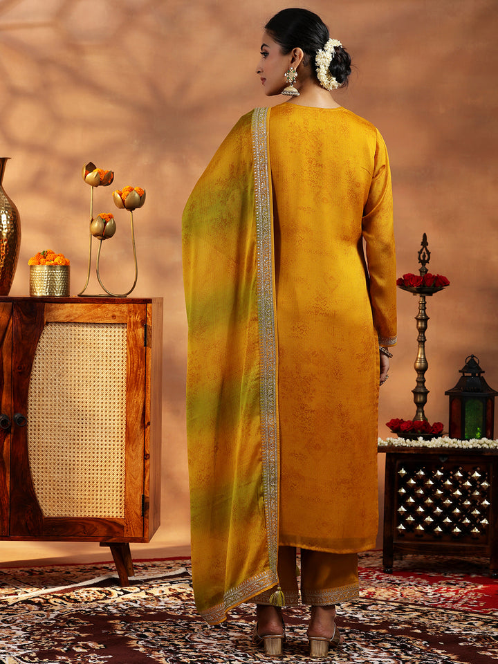 Mustard Embroidered Silk Blend Straight Suit With Dupatta