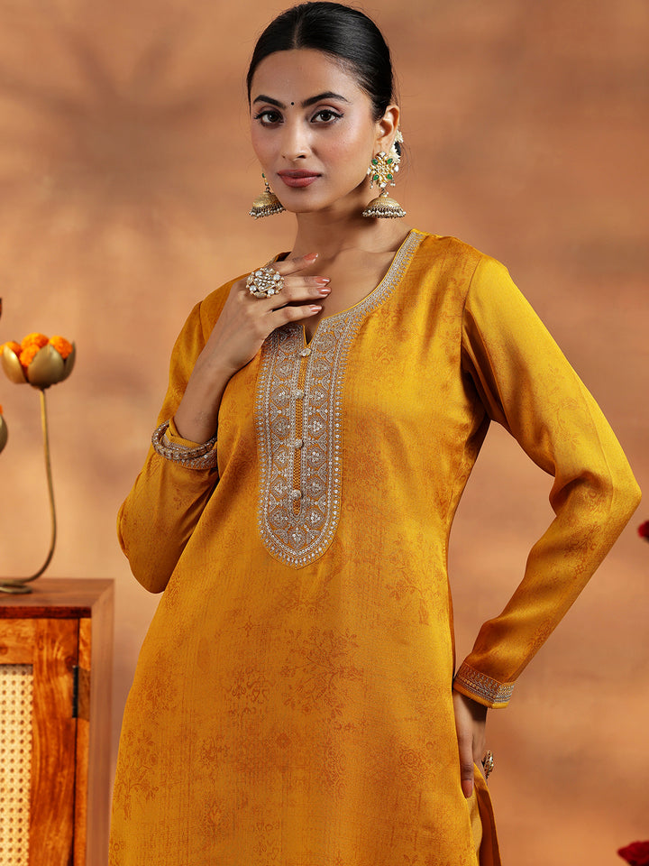 Mustard Embroidered Silk Blend Straight Suit With Dupatta