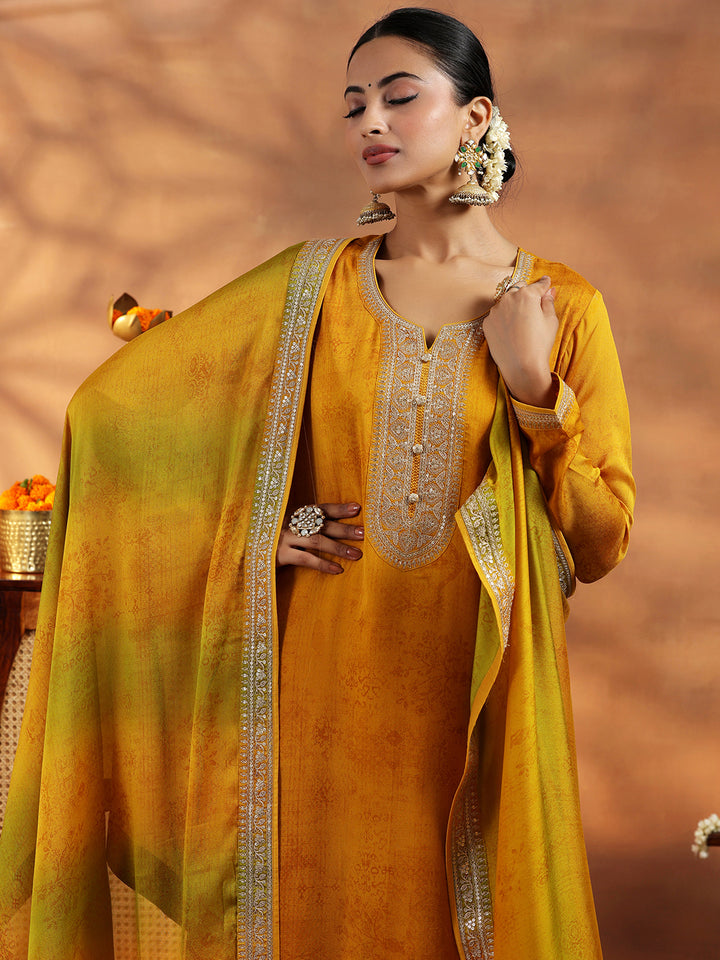 Mustard Embroidered Silk Blend Straight Suit With Dupatta