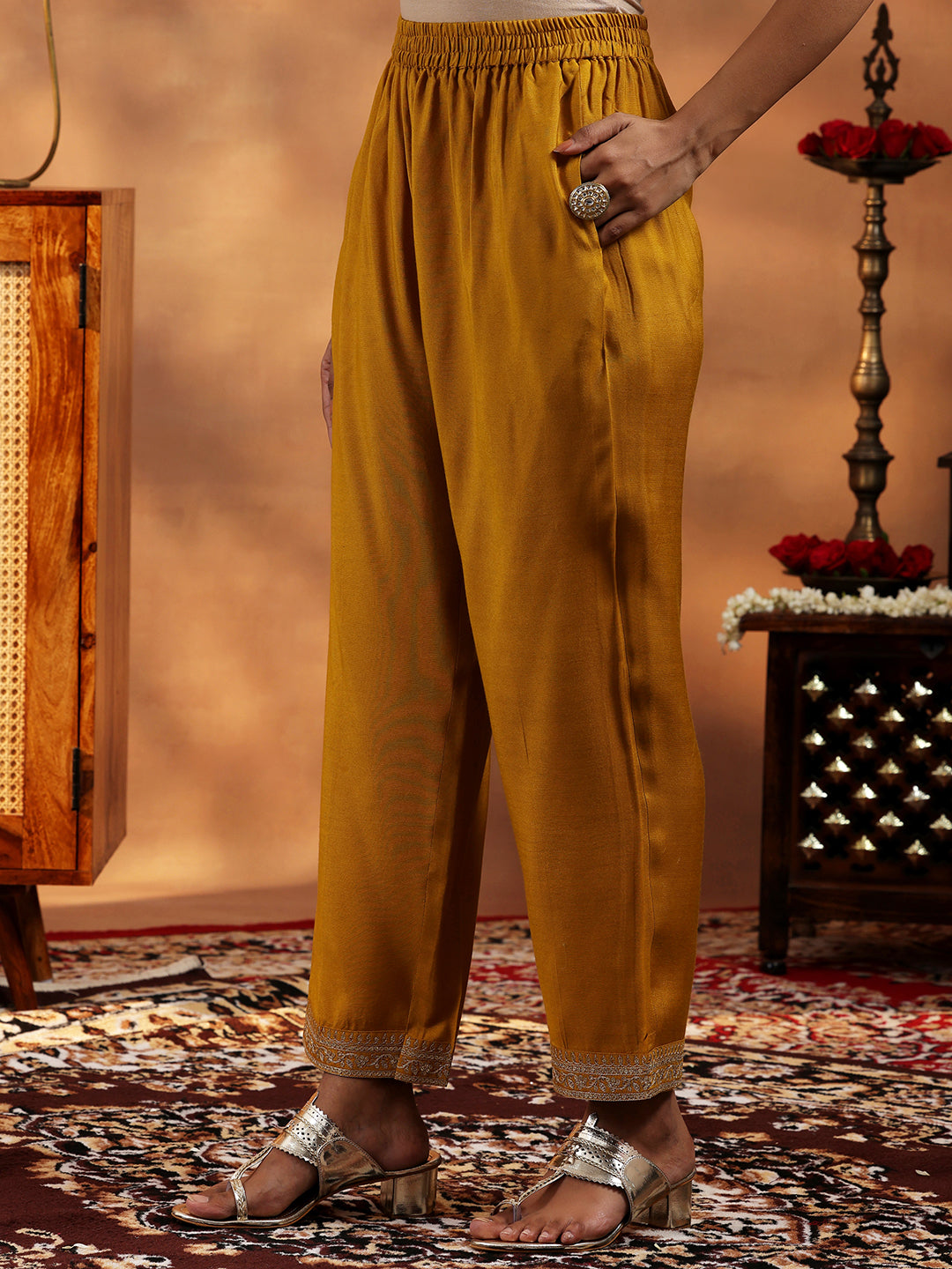 Mustard Embroidered Silk Blend Straight Suit With Dupatta