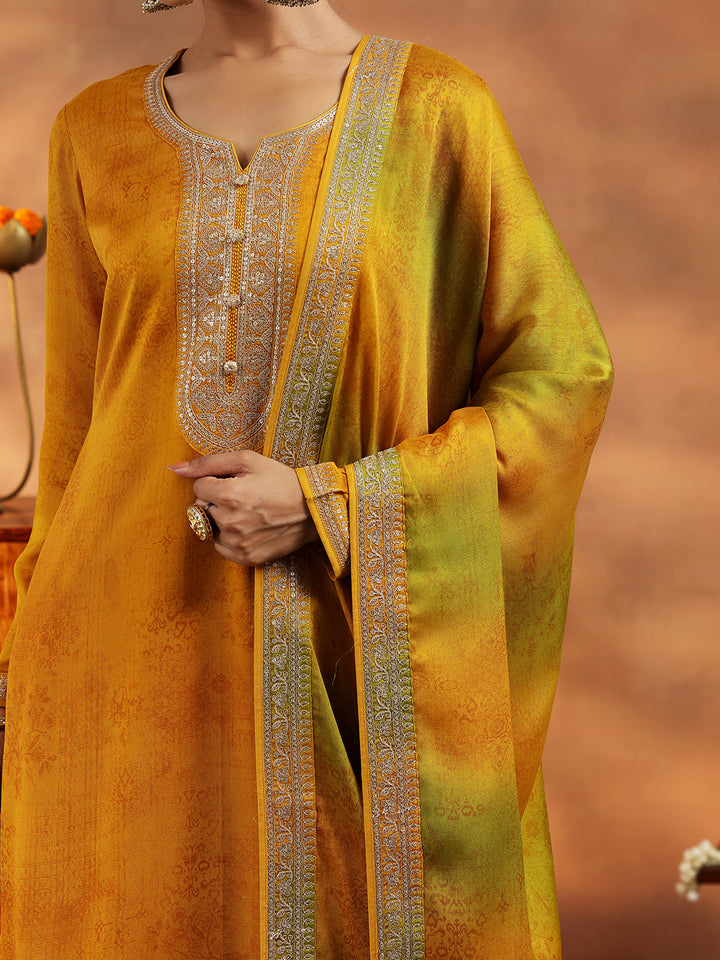 Mustard Embroidered Silk Blend Straight Suit With Dupatta