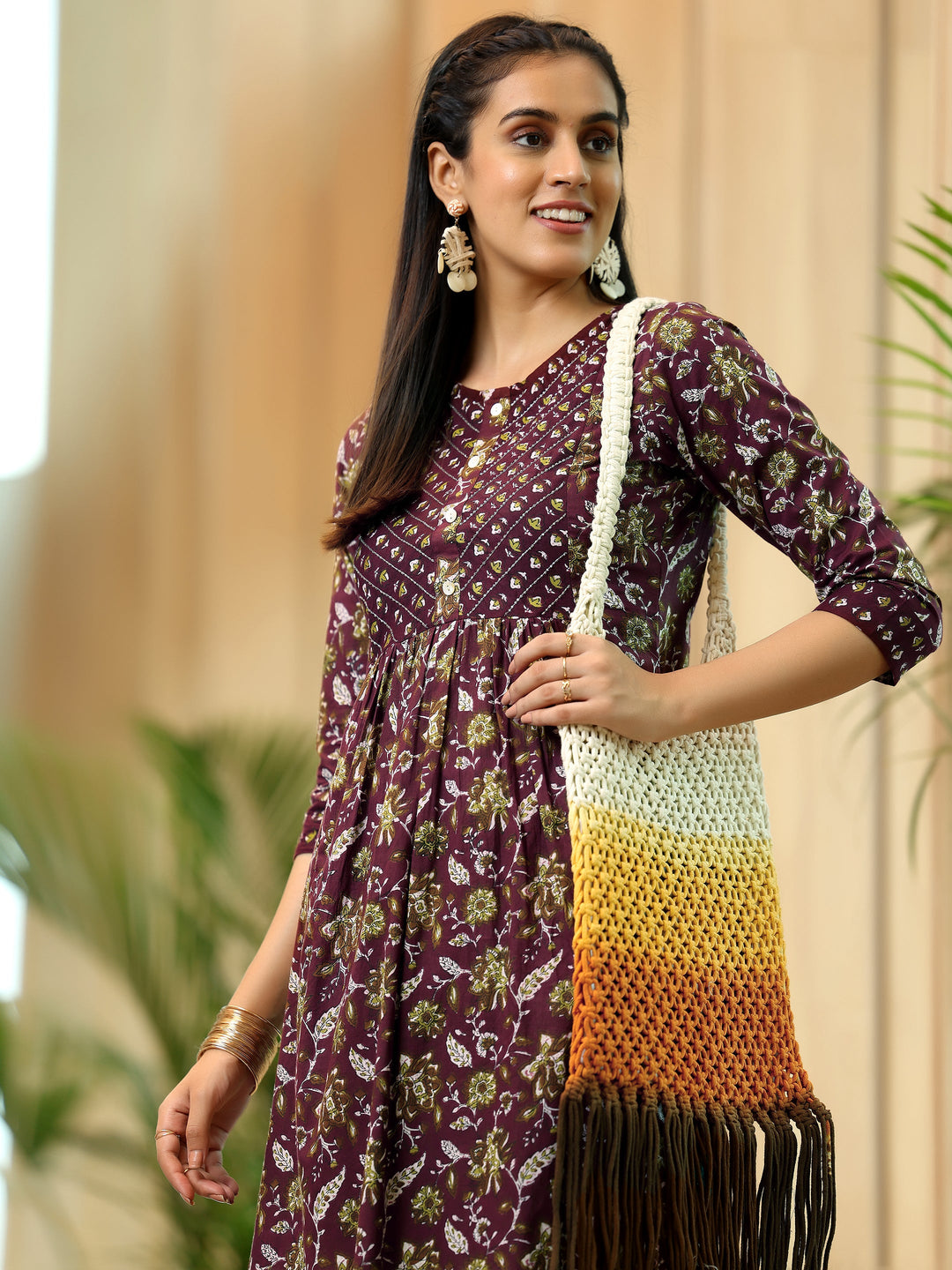 Brown Printed Cotton A-Line Kurta With Trousers