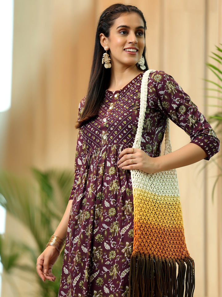 Brown Printed Cotton A-Line Kurta With Trousers