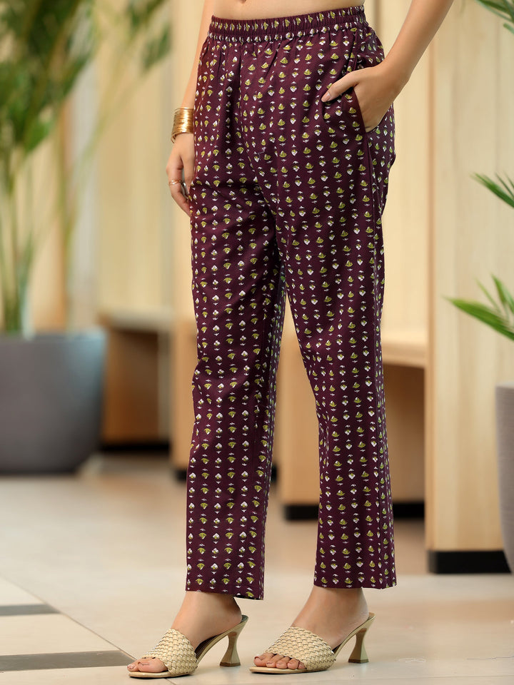 Brown Printed Cotton A-Line Kurta With Trousers