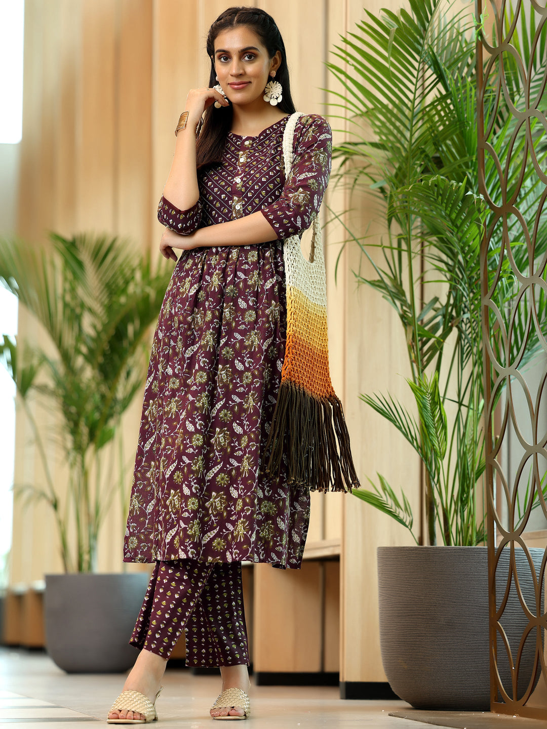 Brown Printed Cotton A-Line Kurta With Trousers
