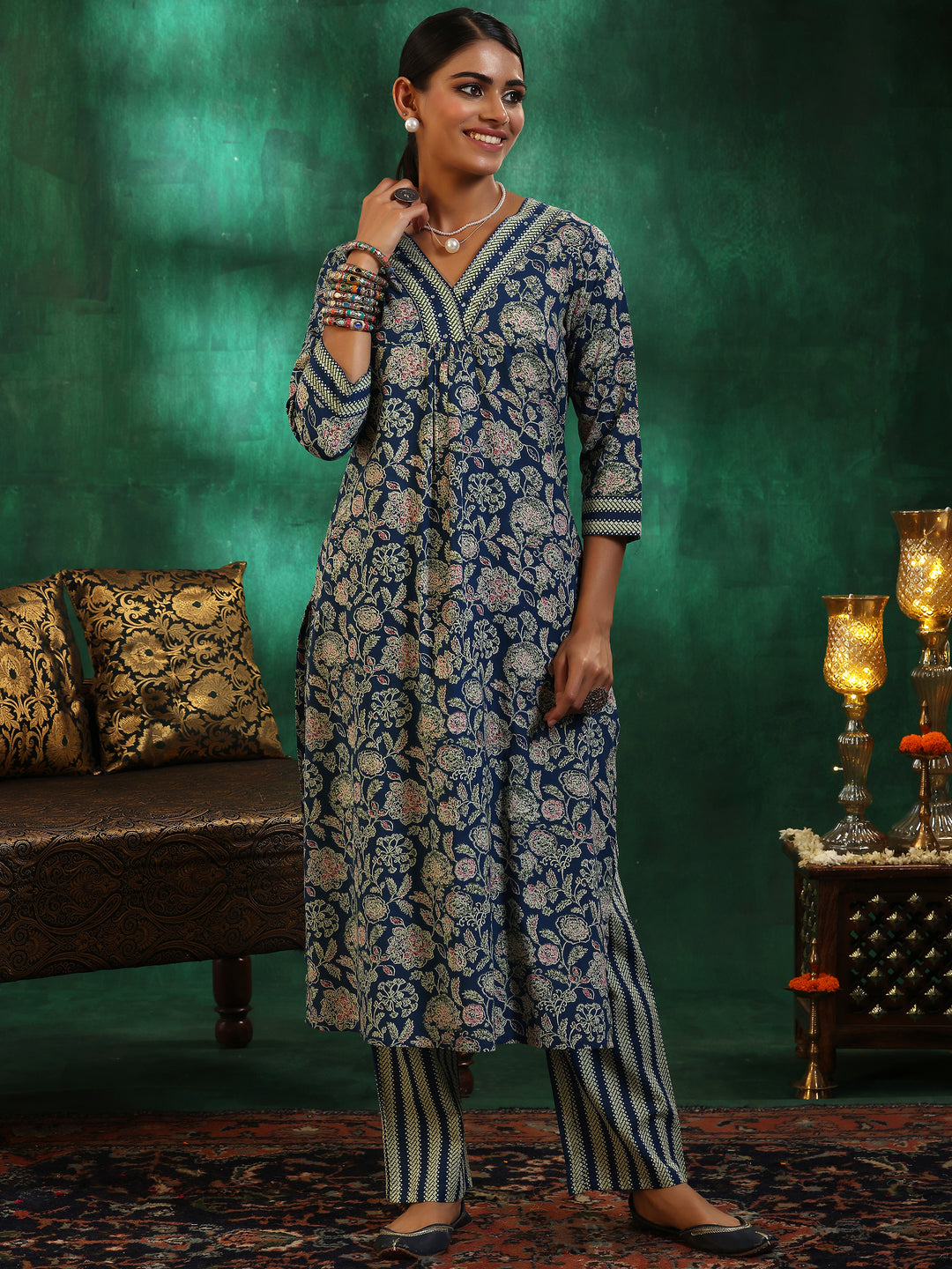 Blue Printed Cotton Straight Kurta Set