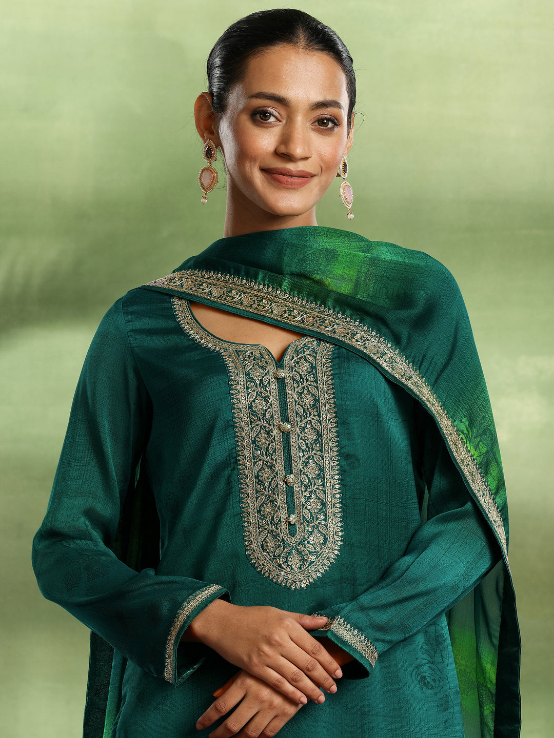 Green Yoke Design Silk Blend Straight Suit With Dupatta