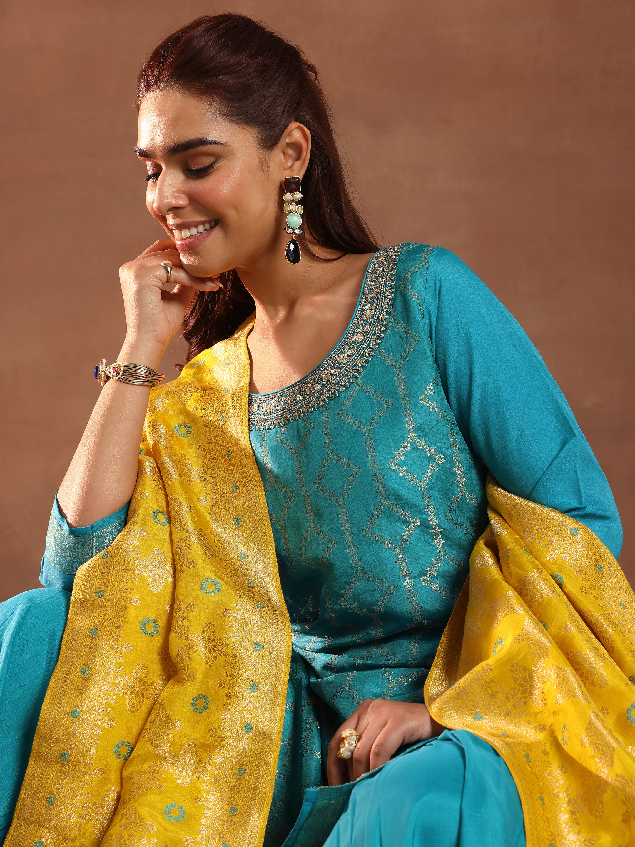 Green Printed Silk Straight Suit With Dupatta