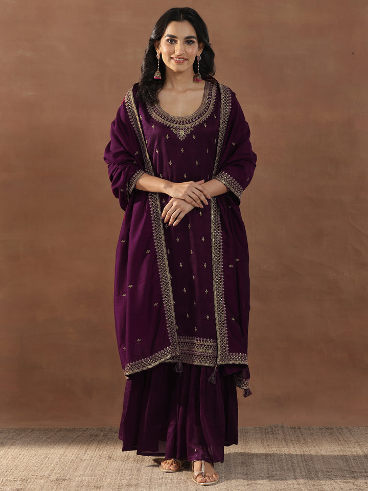 Burgundy Embroidered Silk Blend Straight Sharara Suit Set With Dupatta