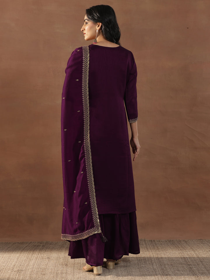 Burgundy Embroidered Silk Blend Straight Sharara Suit Set With Dupatta