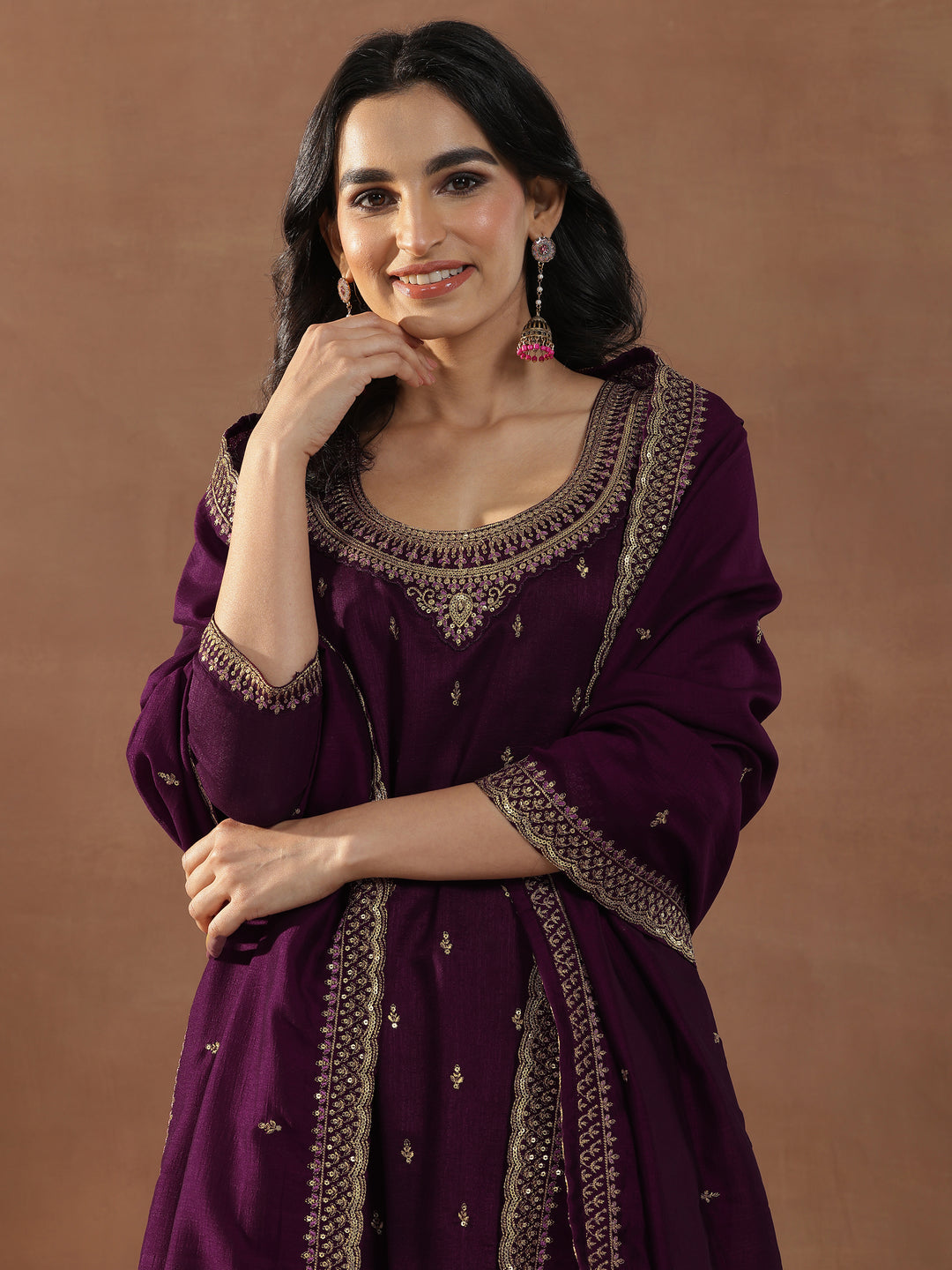 Burgundy Embroidered Silk Blend Straight Sharara Suit Set With Dupatta