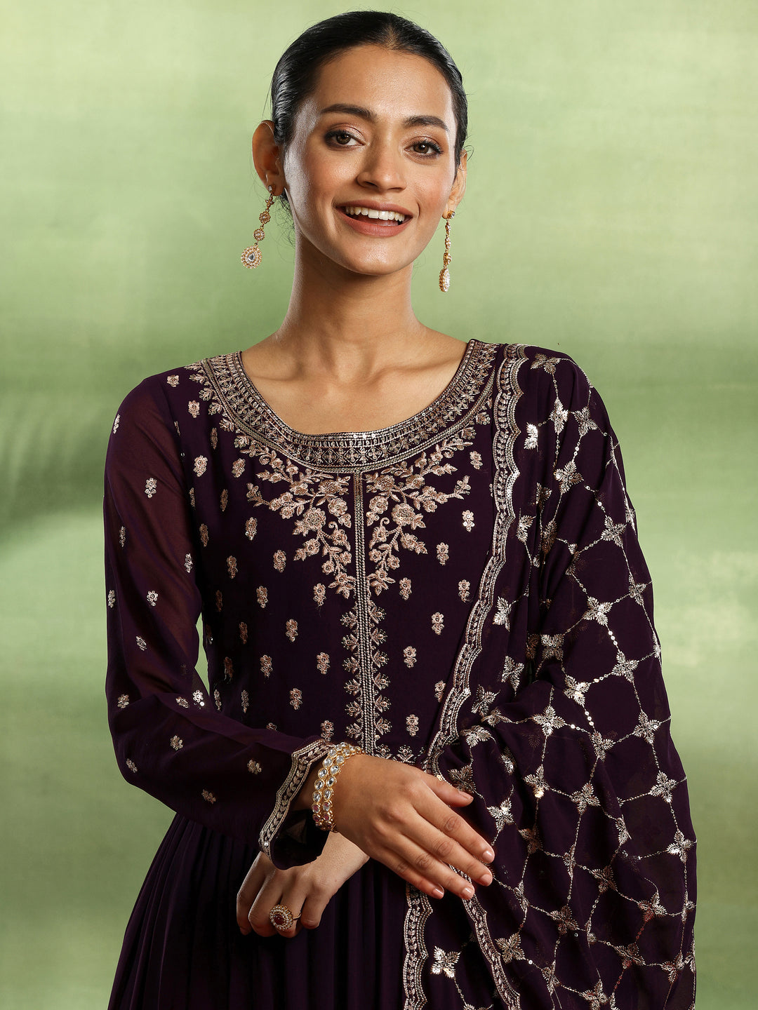 Purple Embroidered Georgette Anarkali Suit With Dupatta