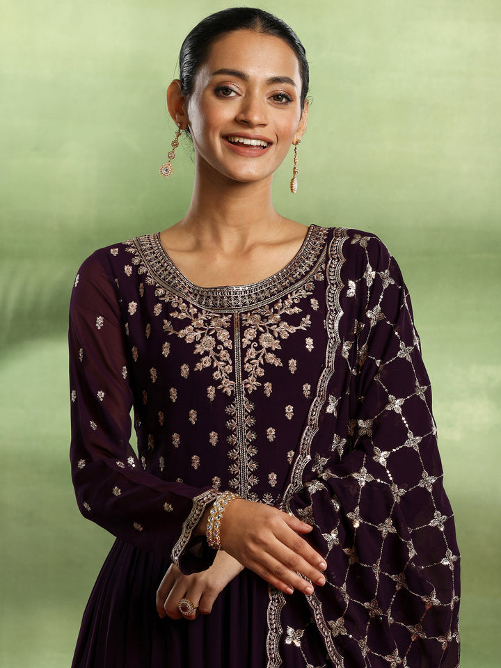 Purple Embroidered Georgette Anarkali Suit With Dupatta