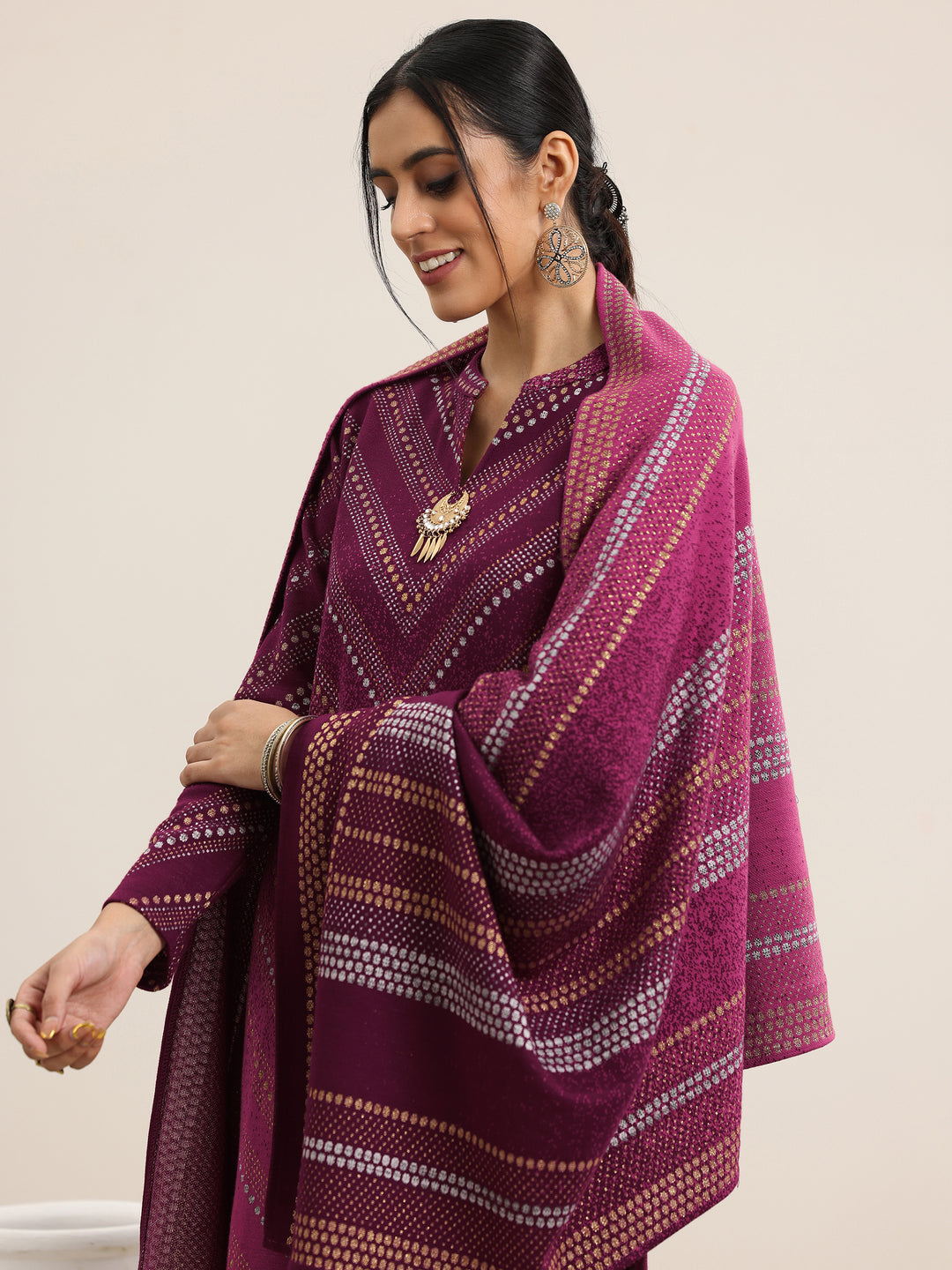 Pink Woven Design Wool Blend Straight Suit With Dupatta