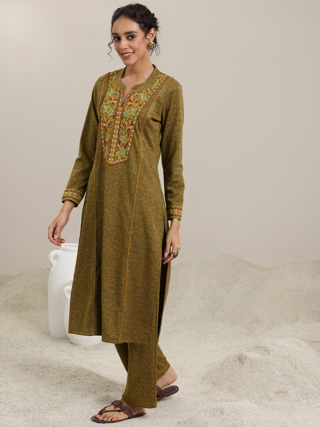 Mustard Yoke Design Wool Blend Straight Suit With Dupatta