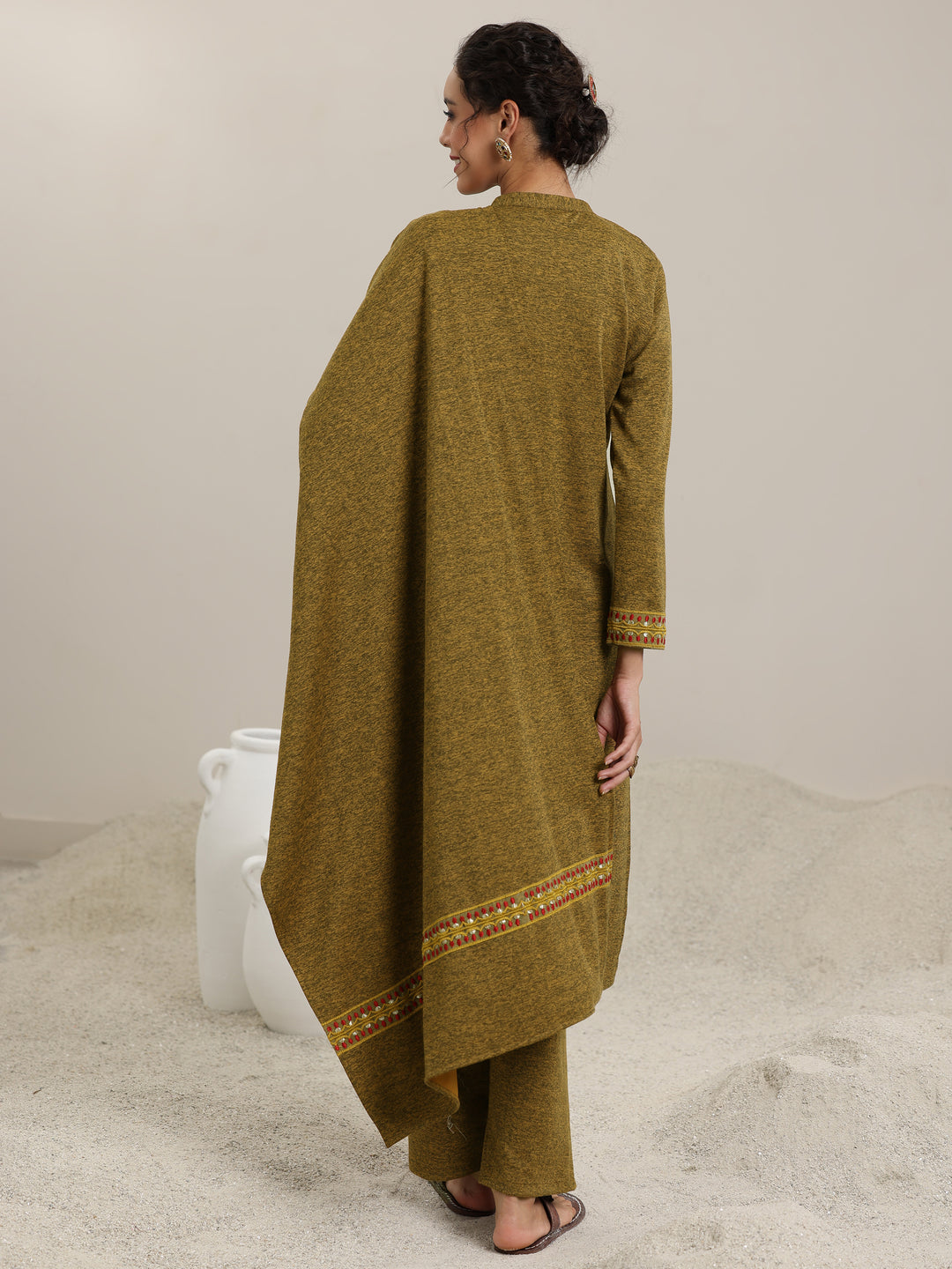 Mustard Yoke Design Wool Blend Straight Suit With Dupatta