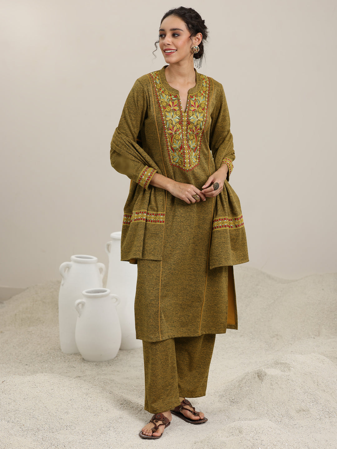 Mustard Yoke Design Wool Blend Straight Suit With Dupatta