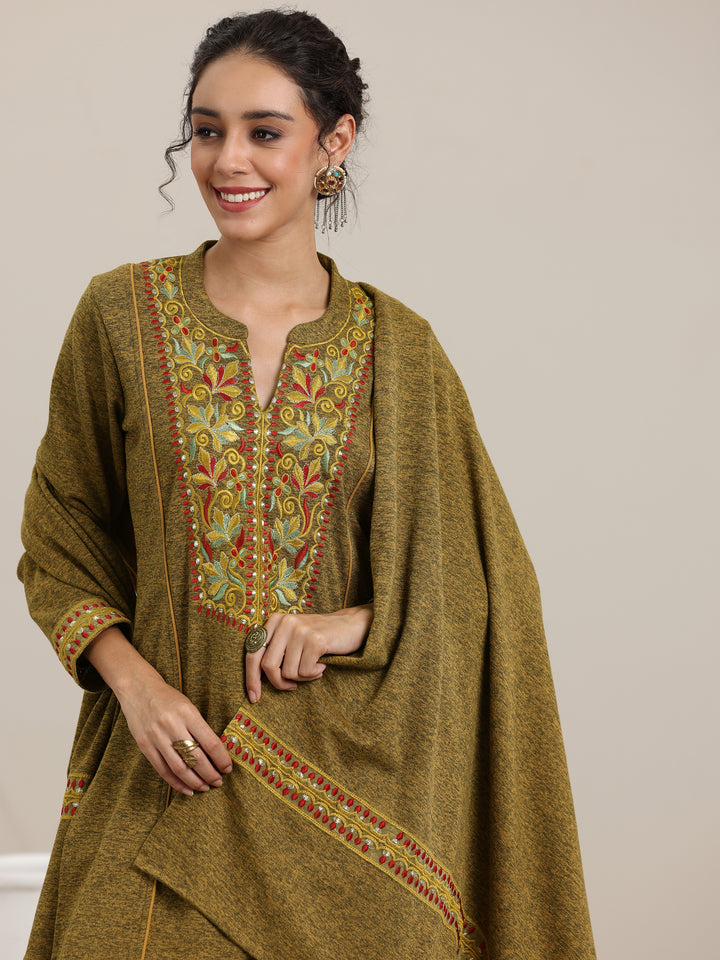 Mustard Yoke Design Wool Blend Straight Suit With Dupatta