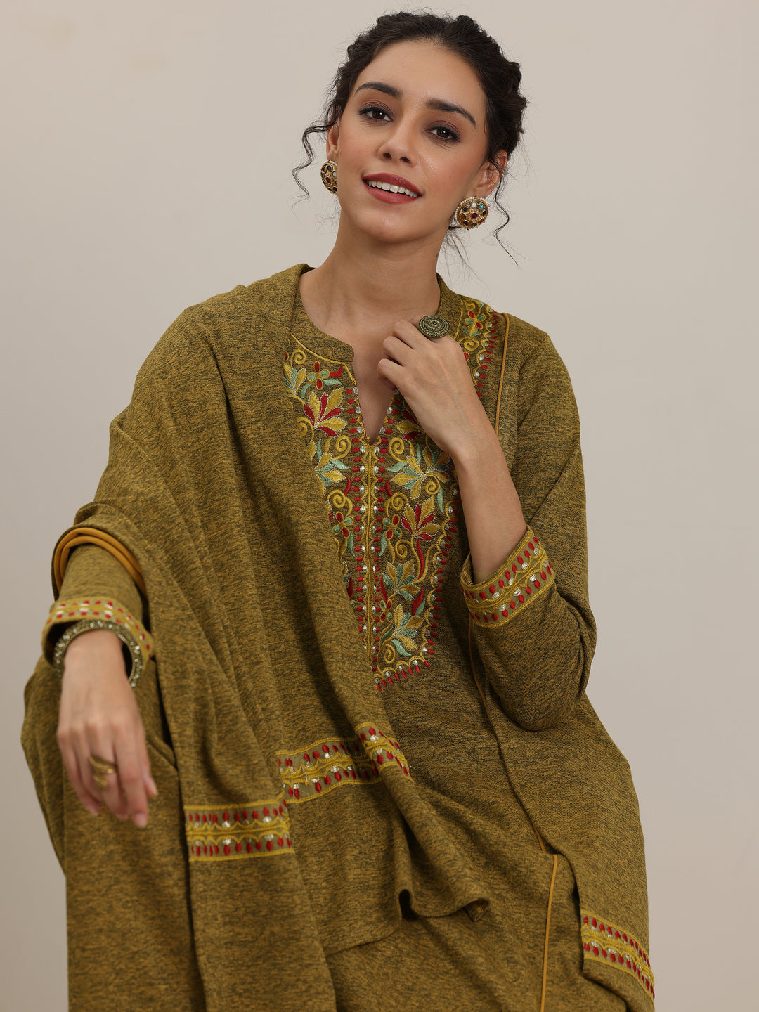 Mustard Yoke Design Wool Blend Straight Suit With Dupatta