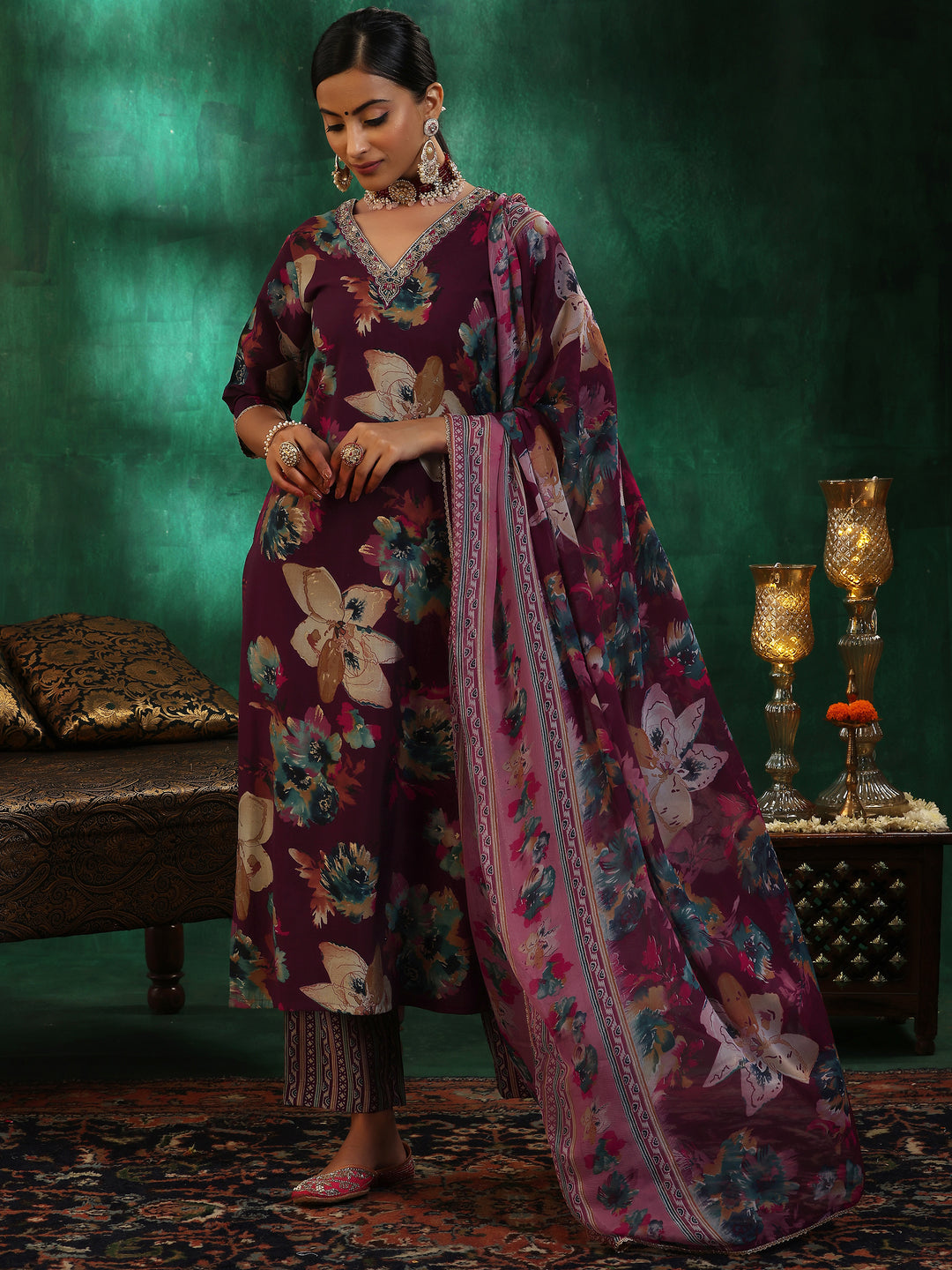 Burgundy Printed Silk Blend Straight Suit With Dupatta