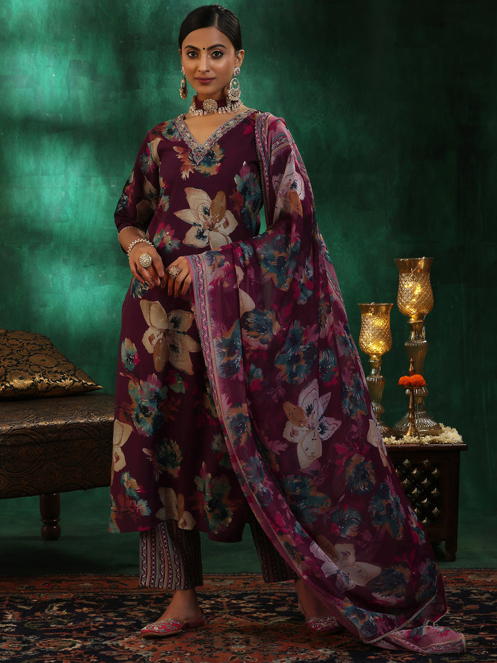 Burgundy Printed Silk Blend Straight Suit With Dupatta